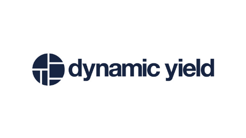 dunkelblaues Logoelement kreisförmig und dunkelblauer Logoschriftzug dinamic yield auf weißem Hintergrund