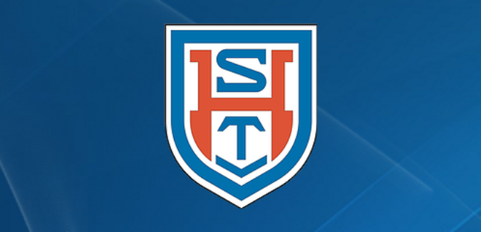 Mannschaftswappen STV Hünxe in rot und blau auf blauem Hintergrund
