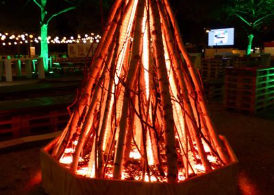 Stilisierte Feuerstelle (Lichtinstallation) Flamelight & Echtholz, Astmaterial
