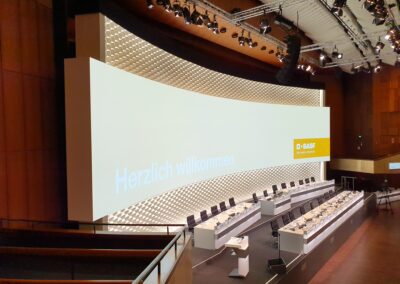 BASF Hauptversammlung, Bühnenrückwand aus wabenartigem weißen Filzstoff, OPERA Leinwand für Auf- Projektion, Tische mit Mikrofone und schwarze Drehstühle für Vorstandsmitglieder