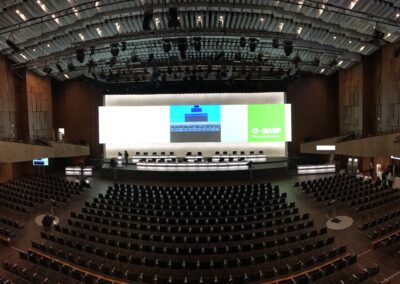BASF Hauptversammlung, Bühne mit weißer OPERA Leinwand für Auf- Projektion, Tische mit Mikrofone und schwarze Drehstühle für Vorstandsmitglieder, Publikum Bestuhlung