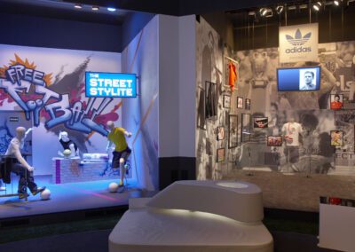adidas Ausstellung im Showroom, zwei Stände: einer im Graffiti Streetstyle Look, einer im Store Design mit Ausstellungstücken und Bildern an den Wänden