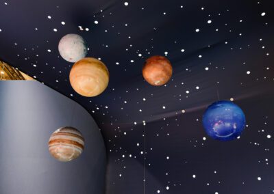 Nahaufnahme der am Rundbogen abgehangenen Dekoplaneten. Zu sehen sind 5 Planeten vor einer mit Sternen bedruckten Rückwand.